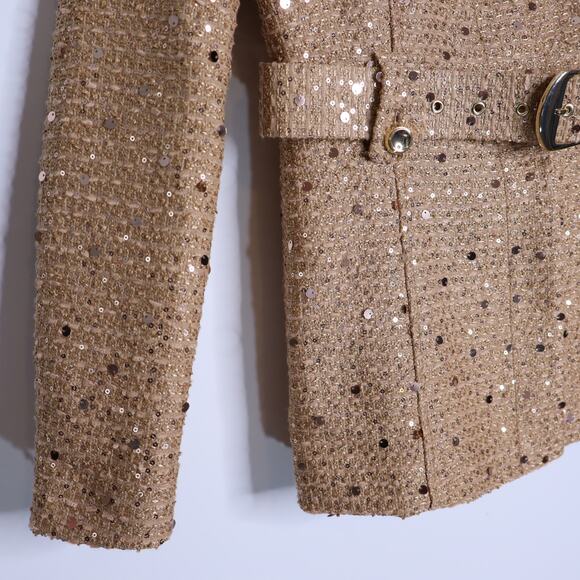 ZARA NWT Sequin Belt Blazer Camel Tweed Round Neck Long Sleeve Women's XS - Picture 6 of 13